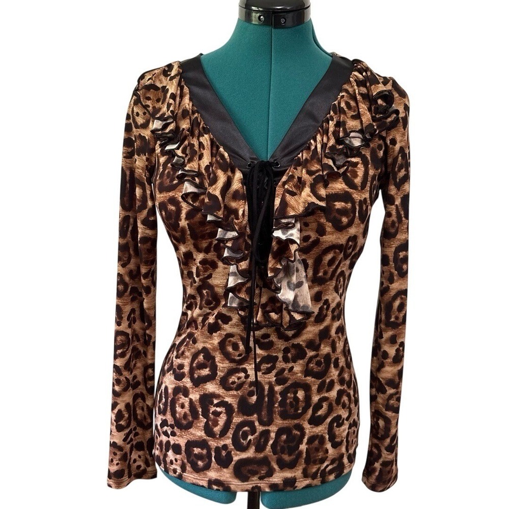 INC Leopard Print Ruffle Tie Front Top Womens S Y2K Going Out Blouse Made In USA
